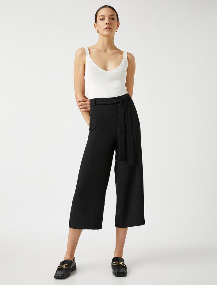  Beli Bağlamalı Bol Paça Crop Pantolon