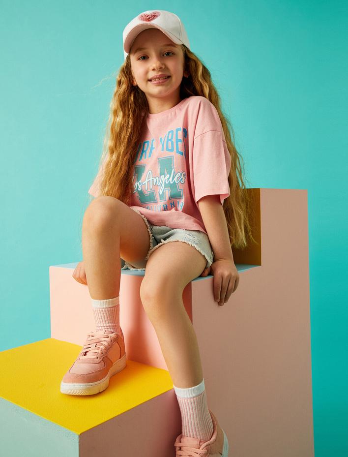 Kız Çocuk Şehir Baskılı Crop Tişört Pamuklu Kısa Kollu