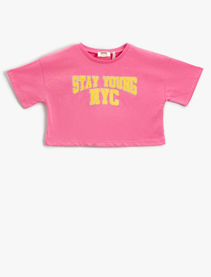  Kız Çocuk Slogan Baskılı Crop Tişört Pamuklu