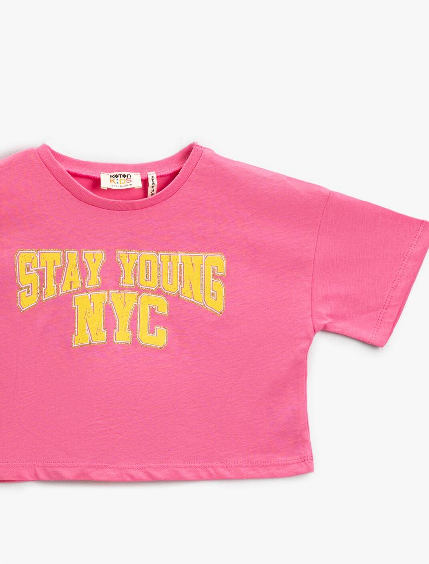  Kız Çocuk Slogan Baskılı Crop Tişört Pamuklu