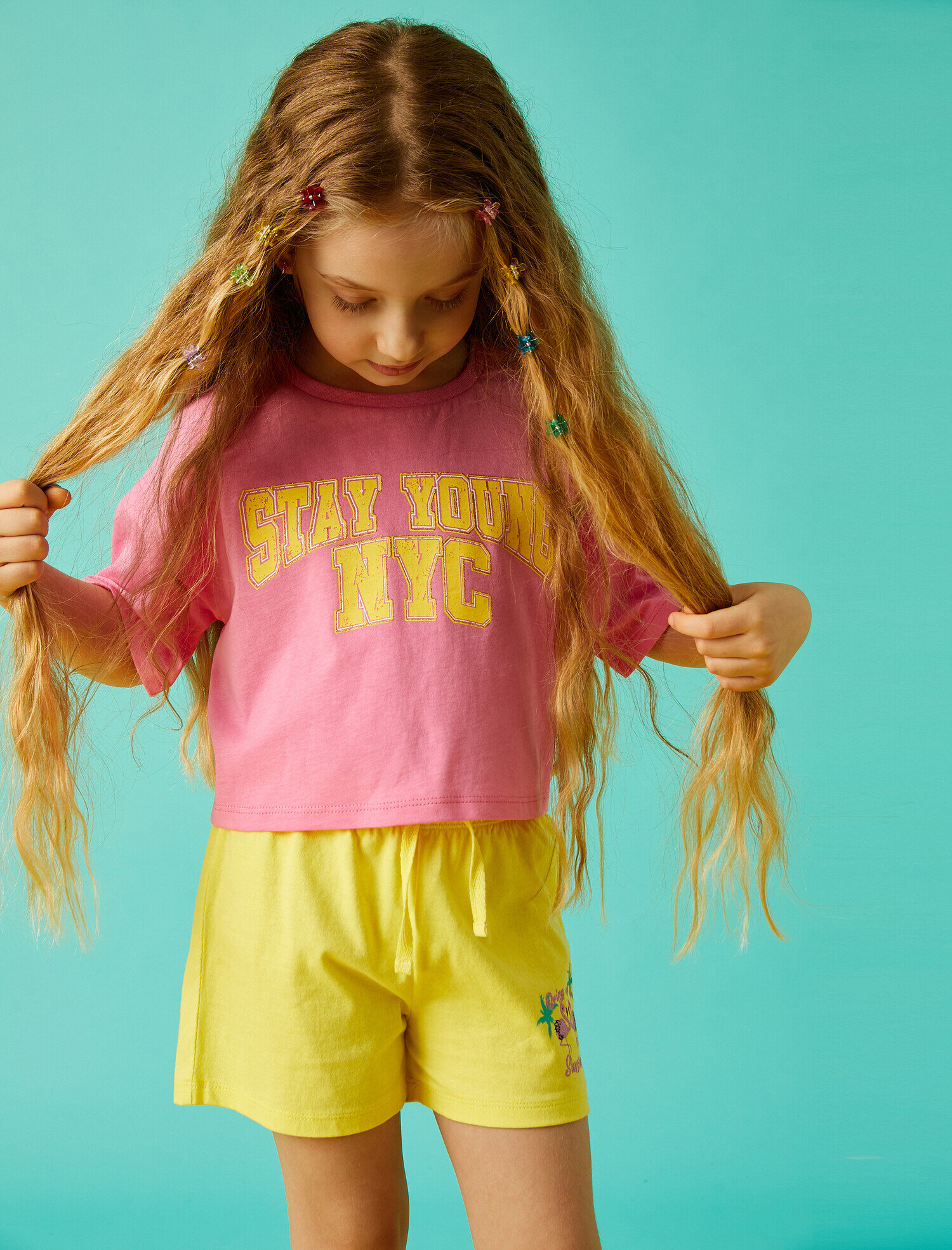  Kız Çocuk Slogan Baskılı Crop Tişört Pamuklu