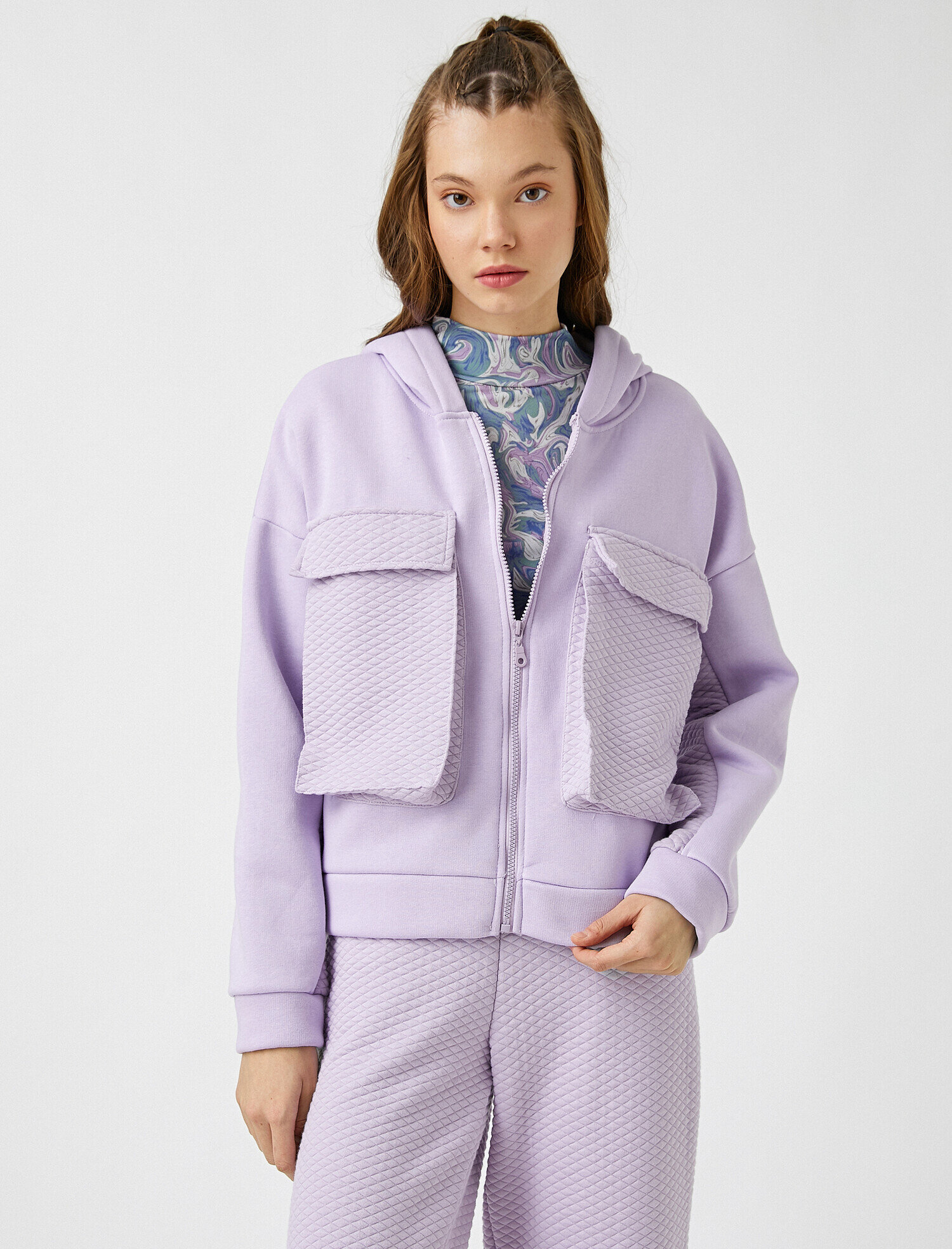 Kapüşonlu Cepli Fermuarlı Sweatshirt