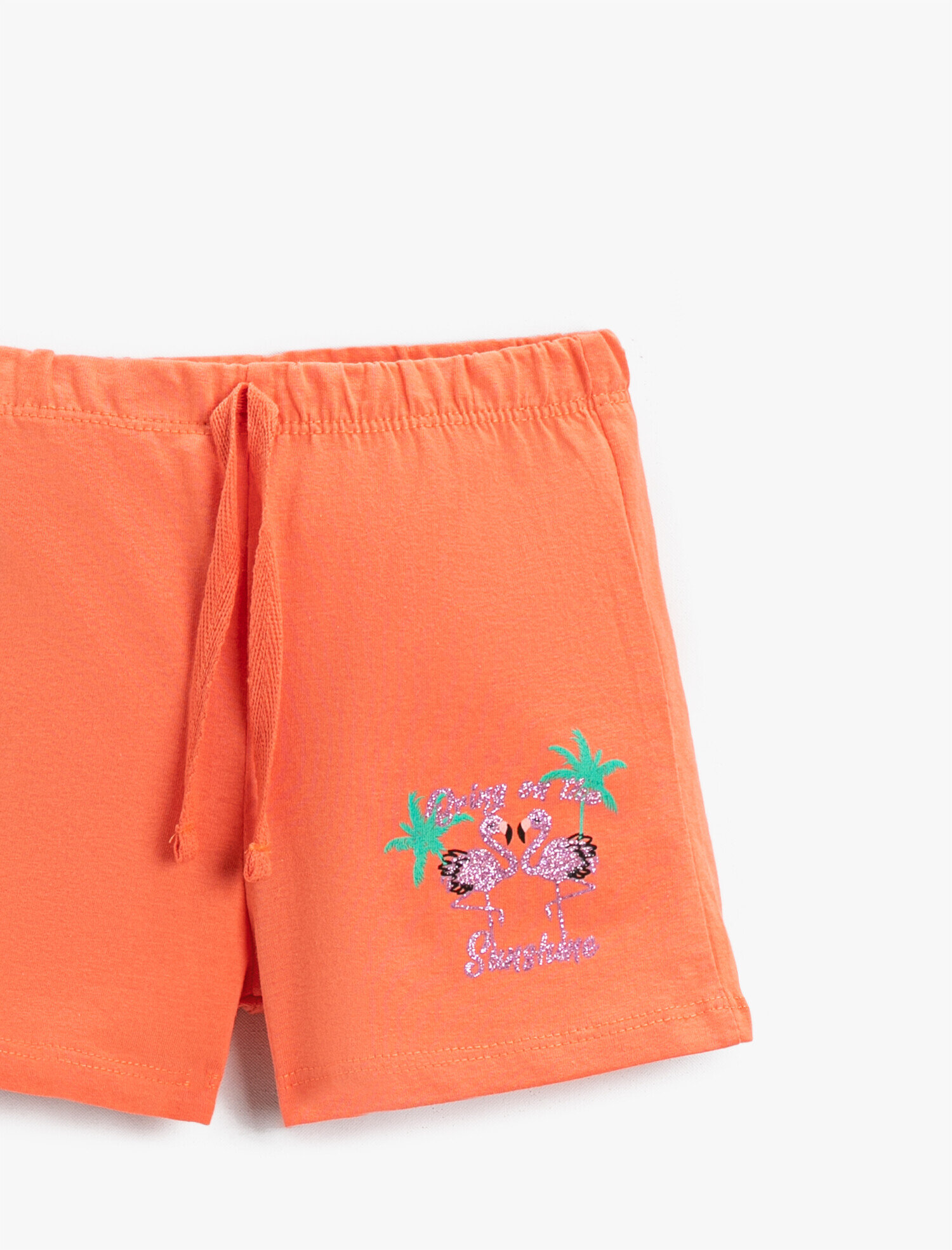  Kız Çocuk Şort Pamuklu Beli Bağcıklı Flamingo Baskılı