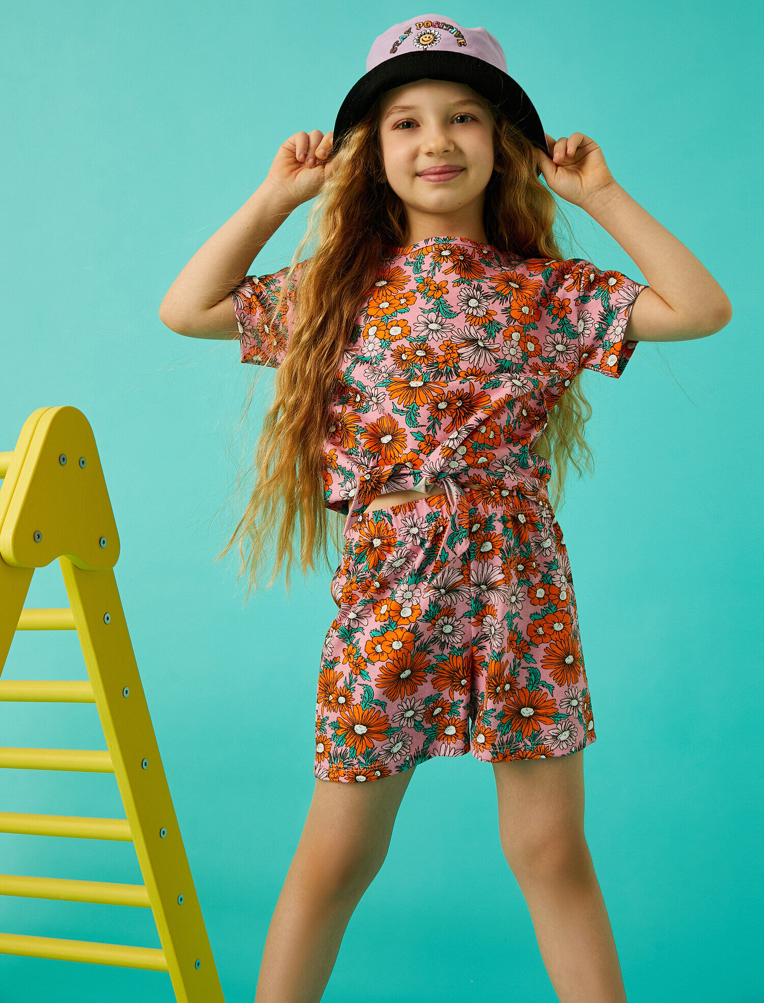Kız Çocuk Çiçekli Baskılı Kısa Kollu Tişört Pamuklu