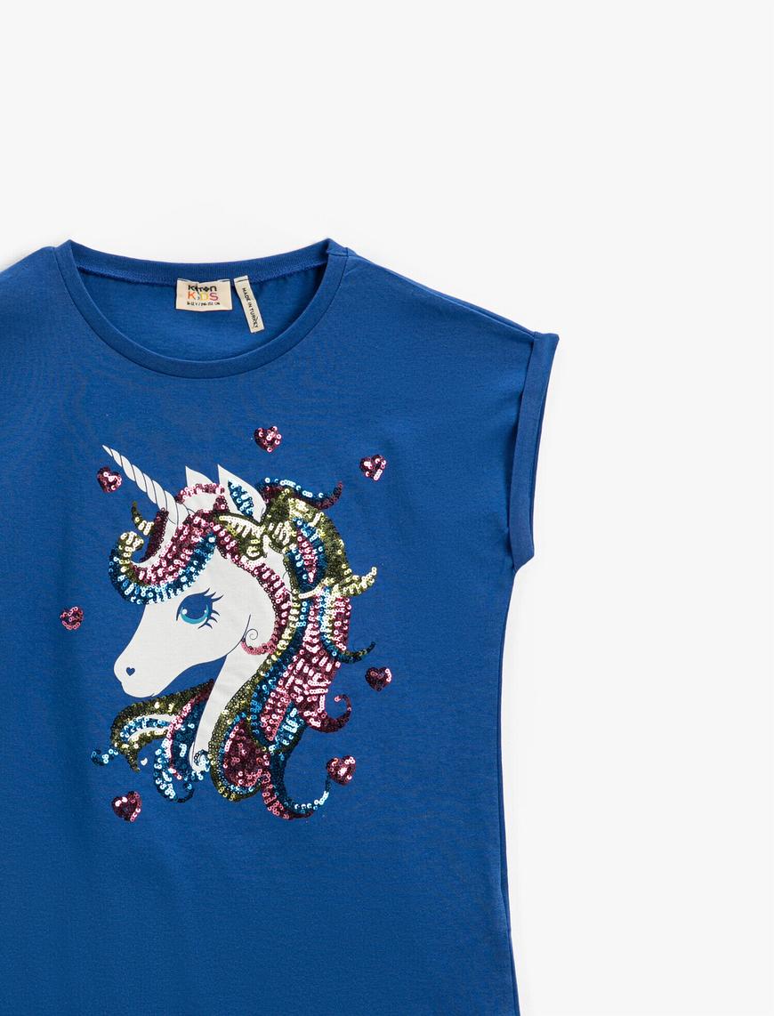  Kız Çocuk Unicorn Baskılı Kısa Kollu Tişört Pamuklu