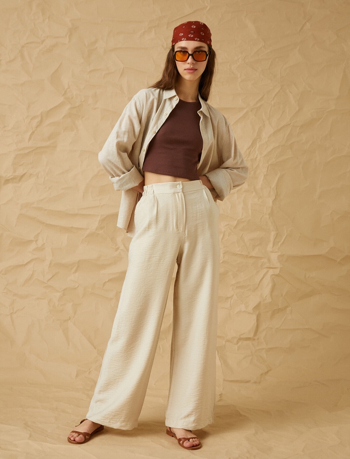  Yüksek Bel Bol Paça Cepli Pantolon