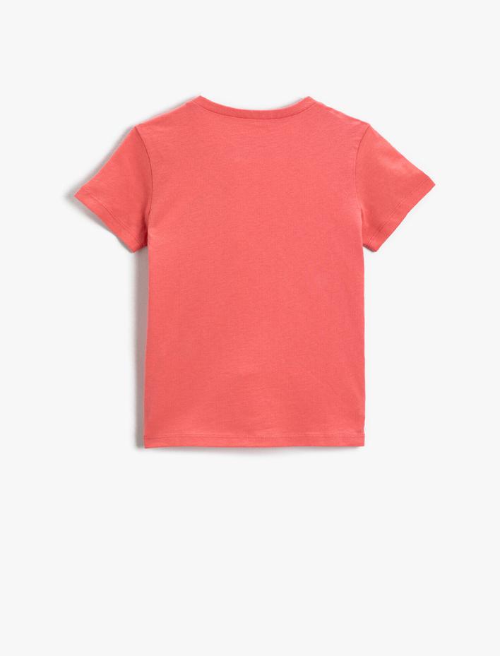 Kız Çocuk Kedi Baskılı Kısa Kollu Tişört Pamuklu Bisiklet Yaka