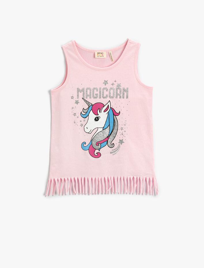 Kız Çocuk Unicorn Baskılı Püsküllü Atlet Pamuklu