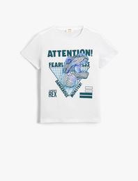 Dinozor Baskılı Kısa Kollu Tişört Pamuklu Bisiklet Yaka