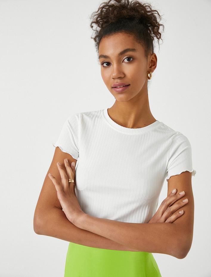  Crop Tişört Bisiklet Yaka Kısa Kollu Ribana