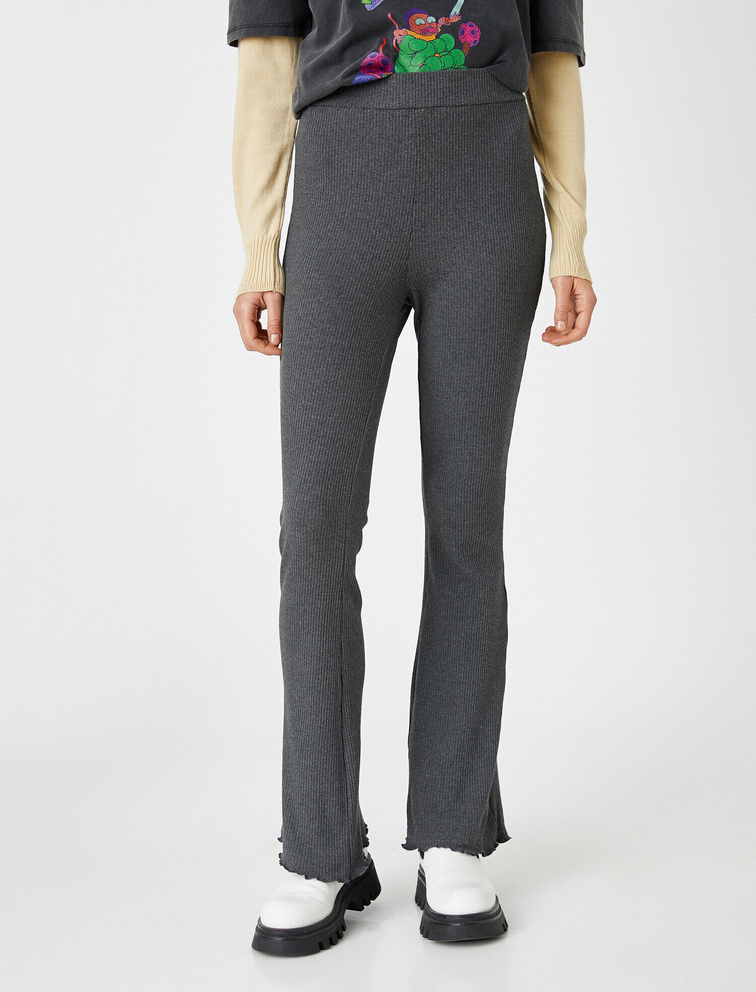   İspanyol Paça Pantolon Yüksek Bel Fitilli