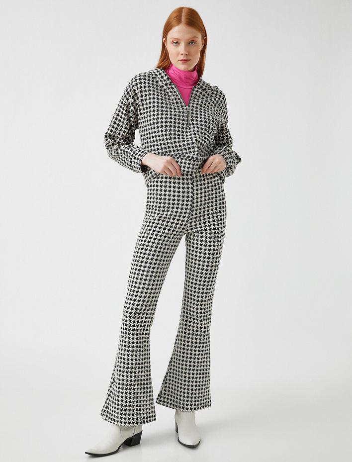  Kazayağı Desenli İspanyol Paça Pantolon Yüksek Bel