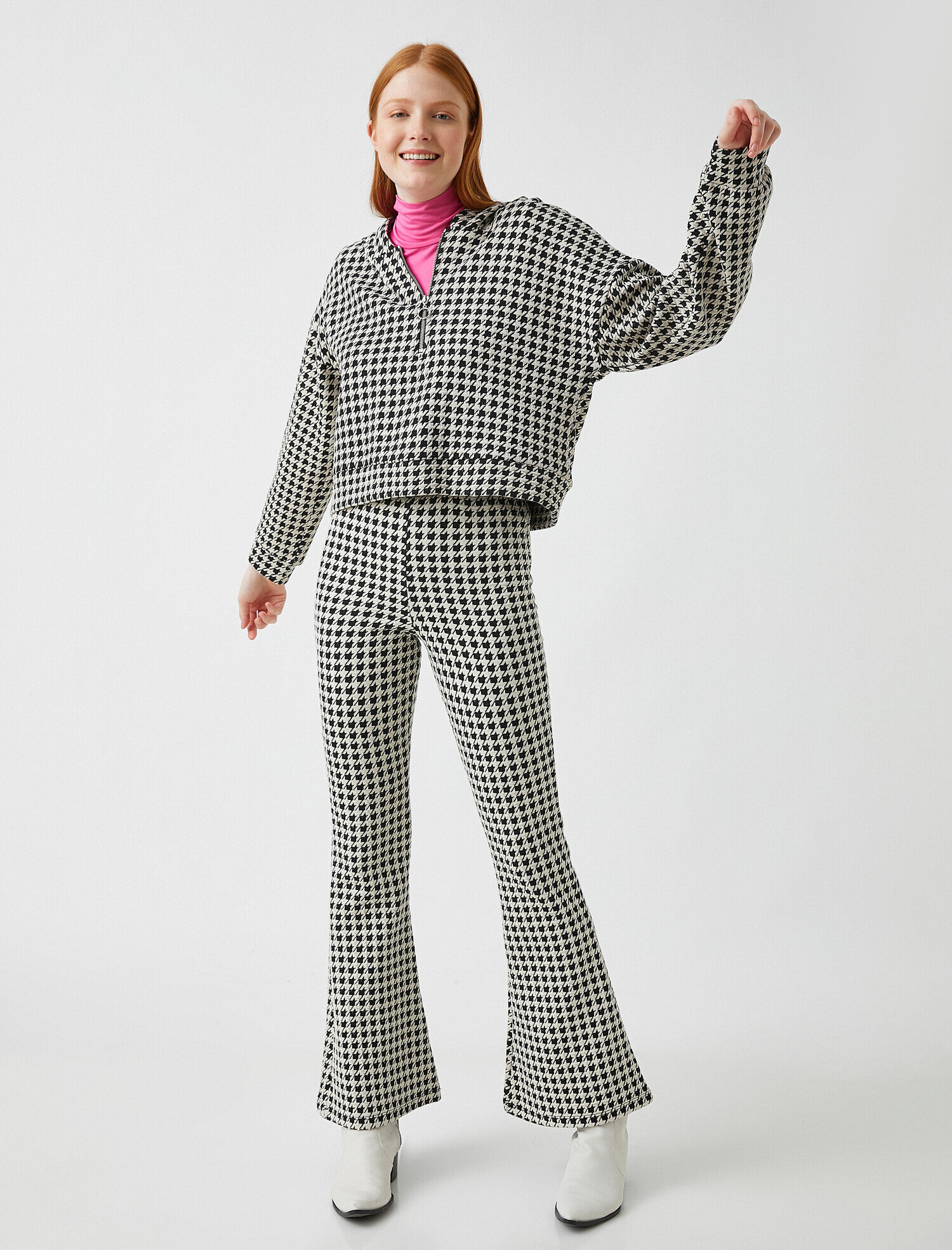   Kazayağı Desenli İspanyol Paça Pantolon Yüksek Bel