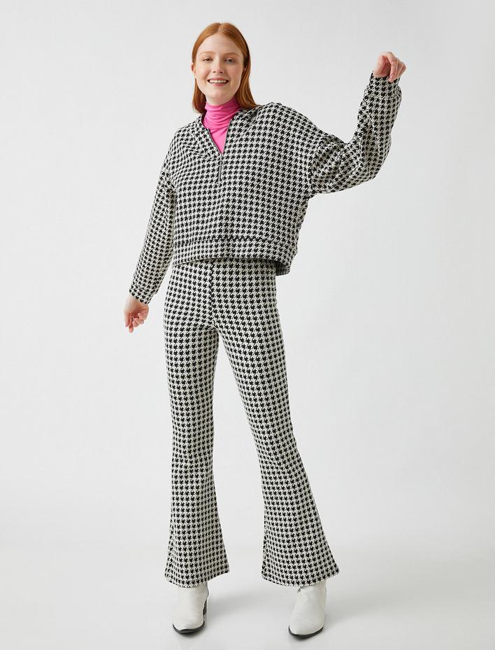  Kazayağı Desenli İspanyol Paça Pantolon Yüksek Bel