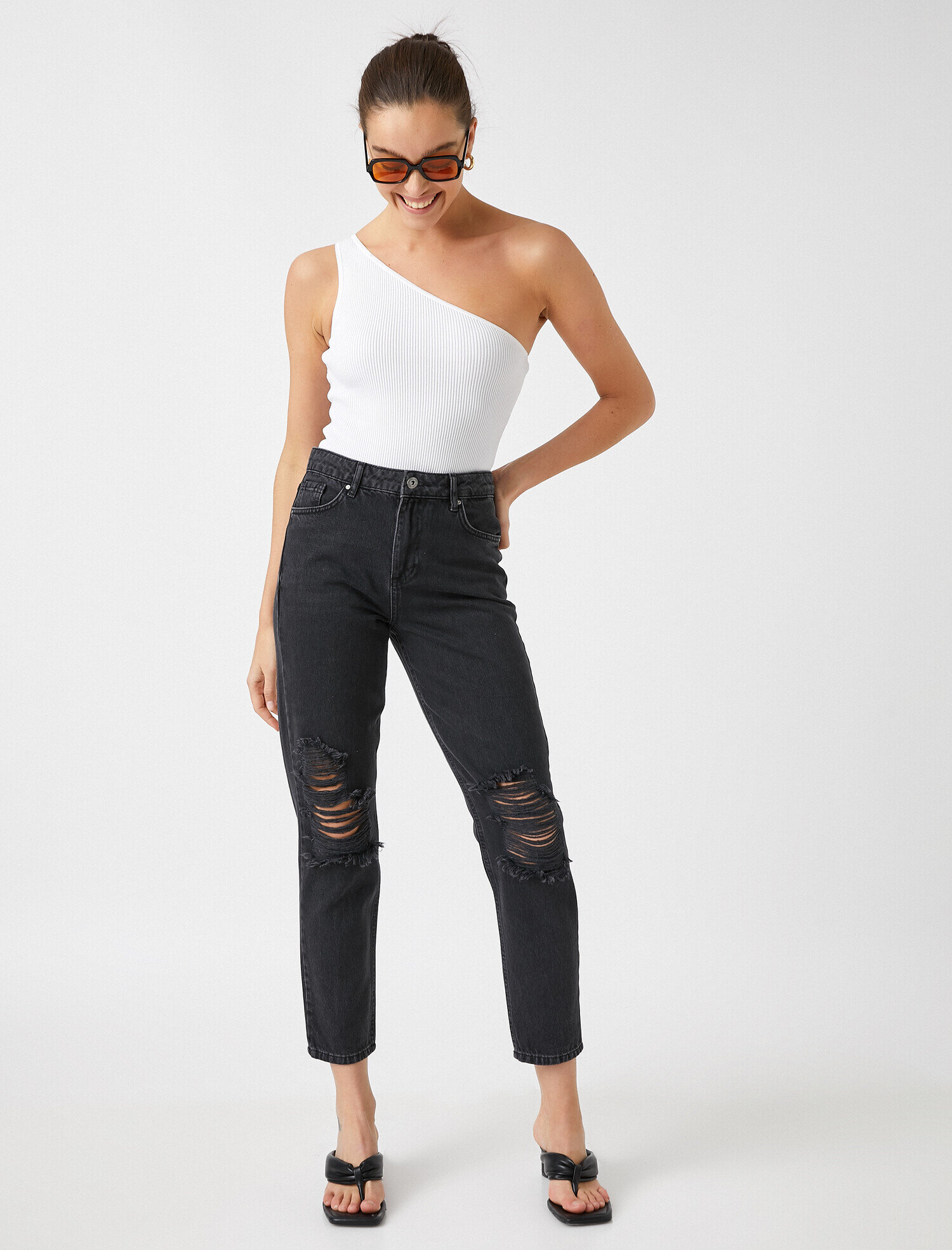   Yüksek Bel Yırtık Kot Pantolon - Mom Jean