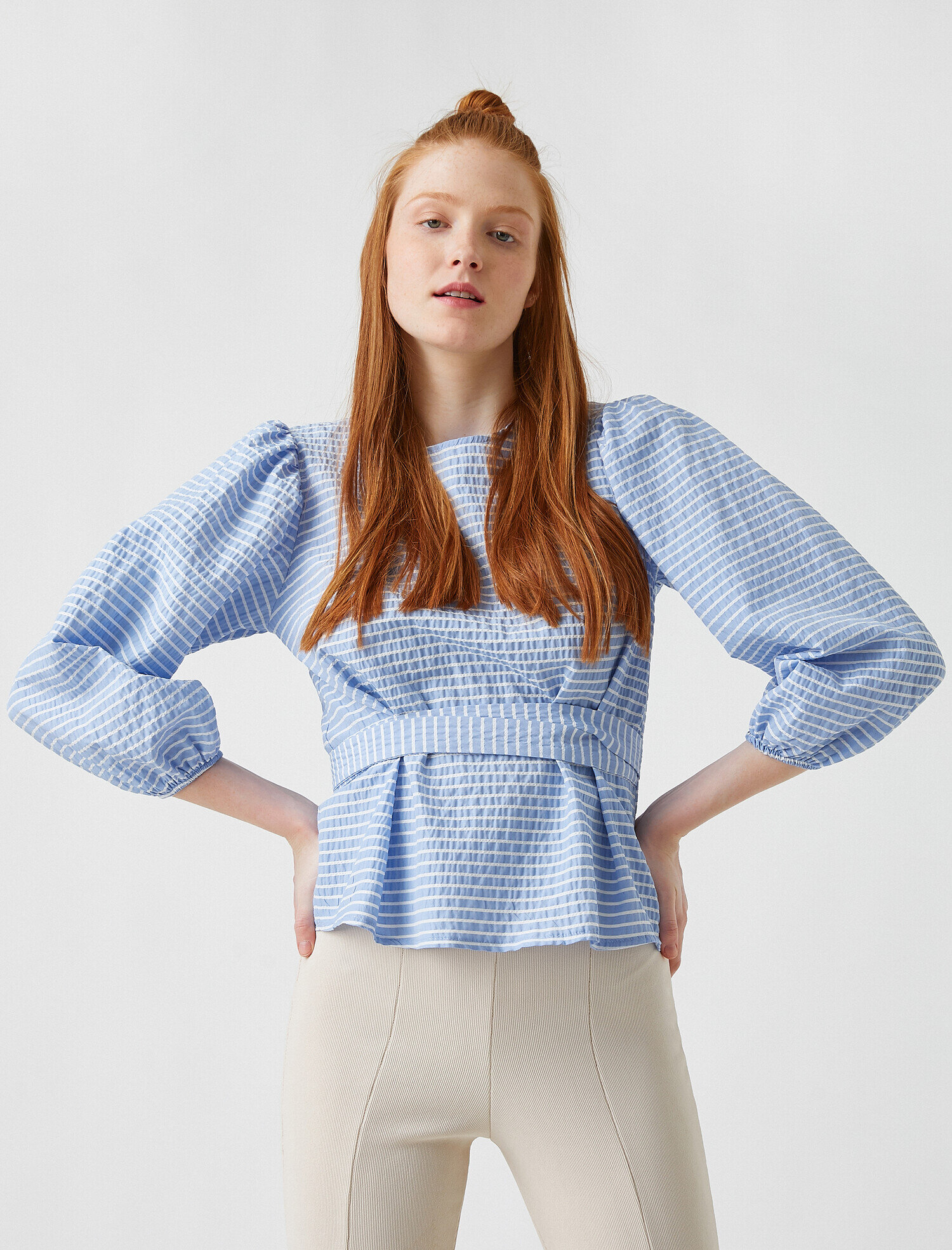   Balon Kollu Çizgili Bluz