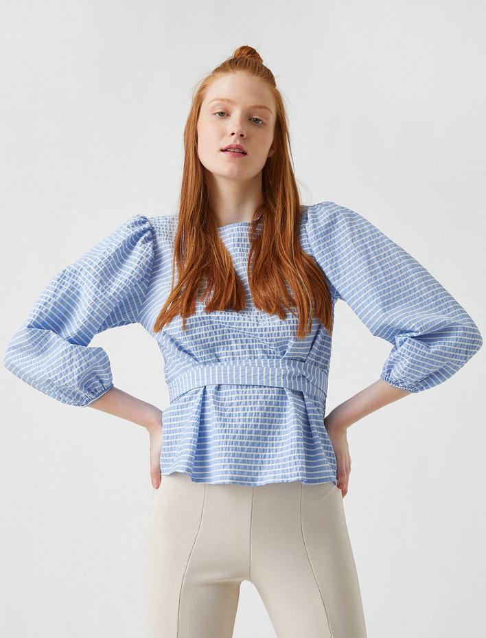  Balon Kollu Çizgili Bluz