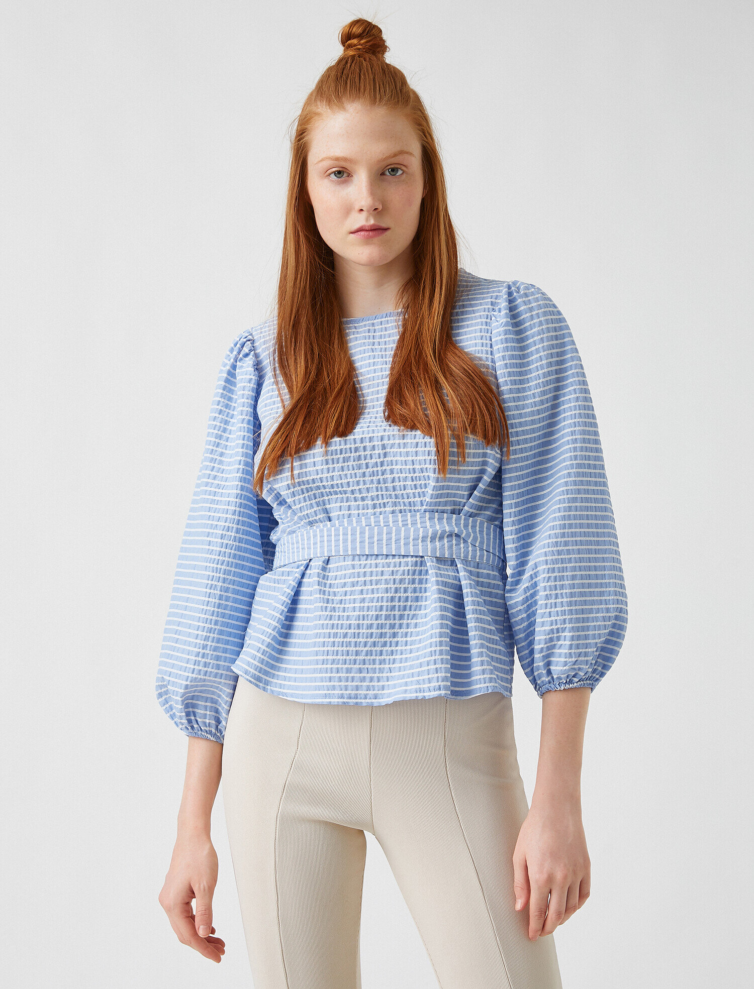   Balon Kollu Çizgili Bluz