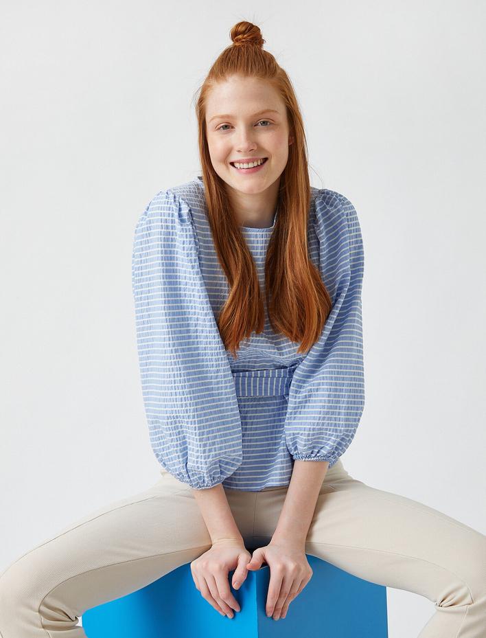  Balon Kollu Çizgili Bluz