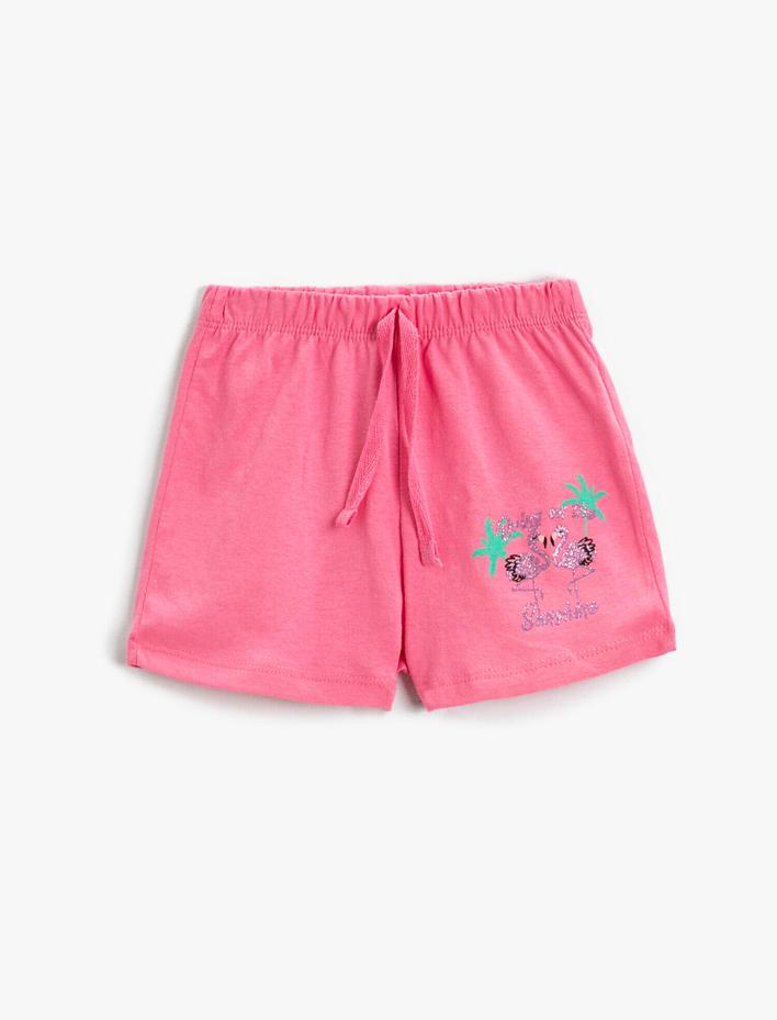 Kız Çocuk Şort Pamuklu Beli Bağcıklı Flamingo Baskılı