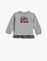 Baskılı Sweatshirt Bisiklet Yaka Fırfır Detaylı
