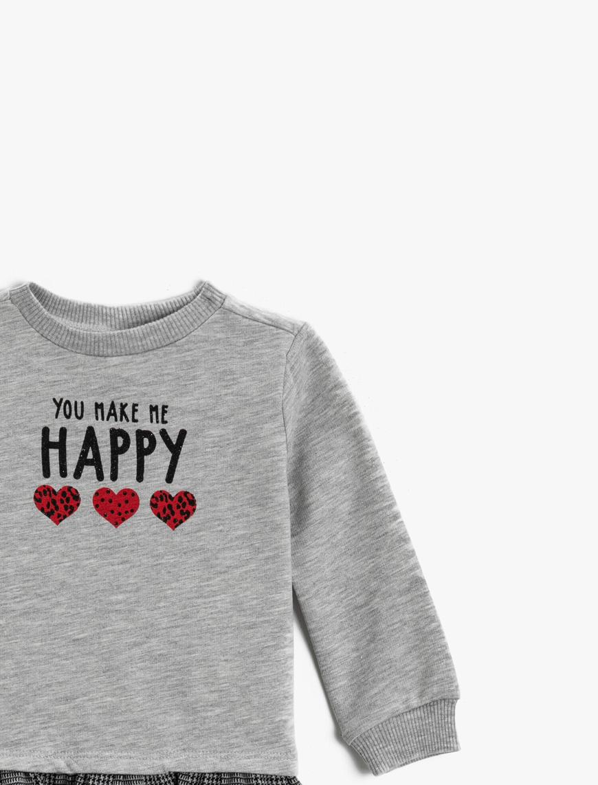  Kız Bebek Baskılı Sweatshirt Bisiklet Yaka Fırfır Detaylı