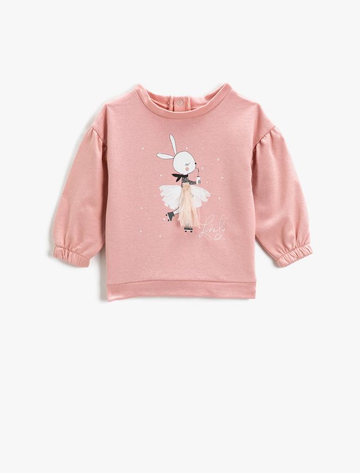 Kız Bebek Tavşan Baskılı Tül Detaylı Sweatshirt Bisiklet Yaka Pamuklu