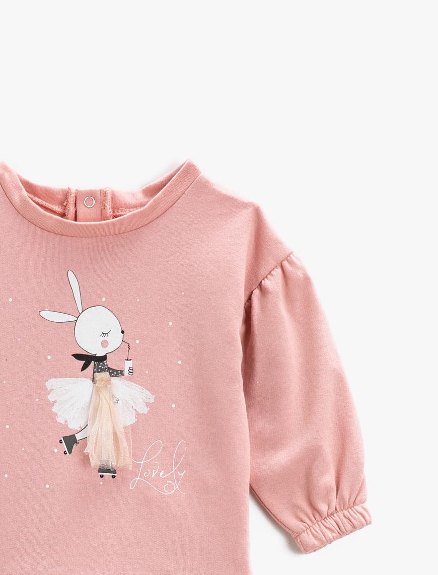  Kız Bebek Tavşan Baskılı Tül Detaylı Sweatshirt Bisiklet Yaka Pamuklu