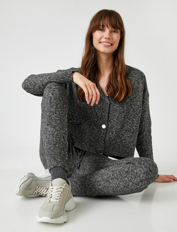  Yüksek Bel Beli Bağcıklı Triko Jogger Pantolon