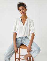 V Yaka Balon Kollu Bluz