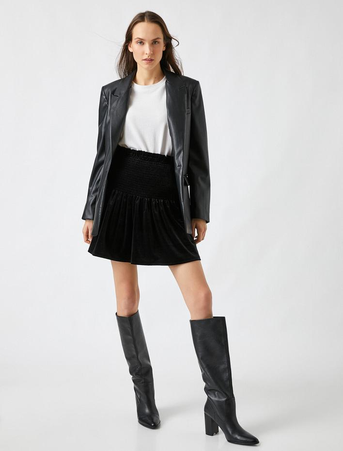  Yüksek Bel Volanlı Kadife Mini Etek