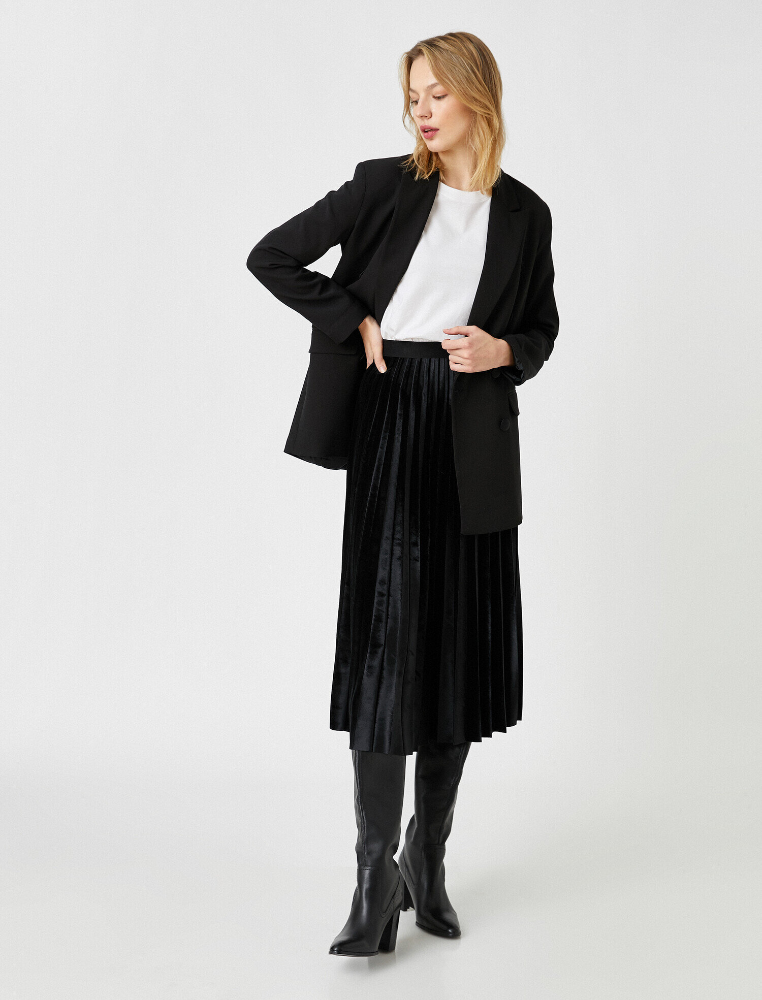   Pileli Saten Midi Etek