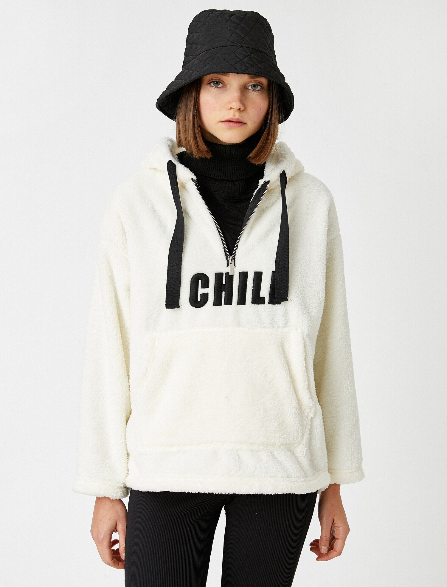   Kapüşonlu Fermuarlı Peluş Sweatshirt