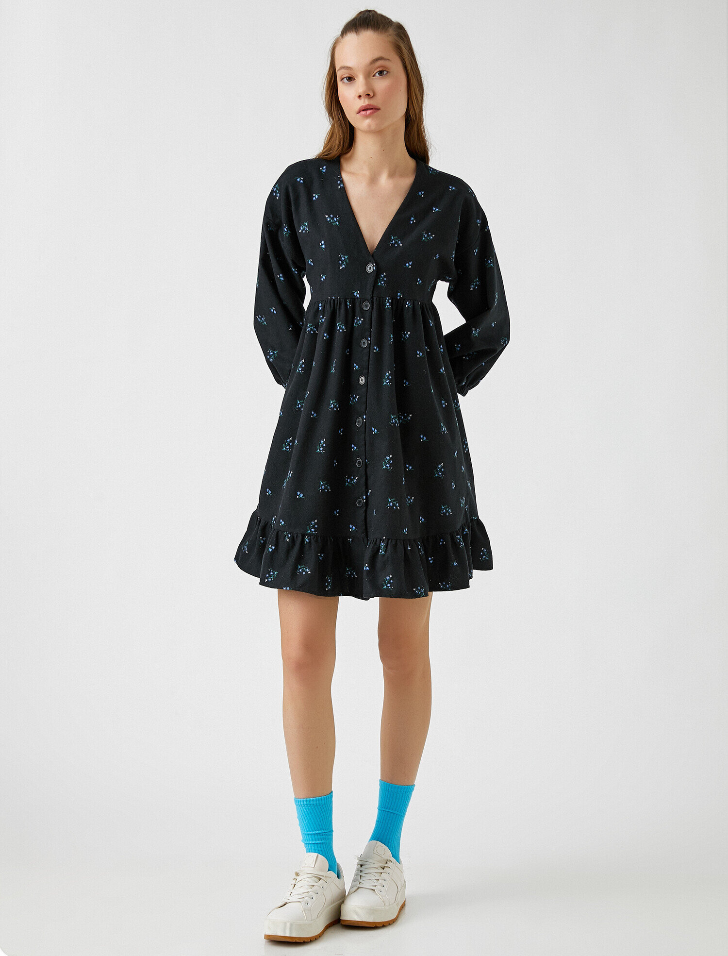   Balon Kollu Çiçekli Fırfırlı Elbise