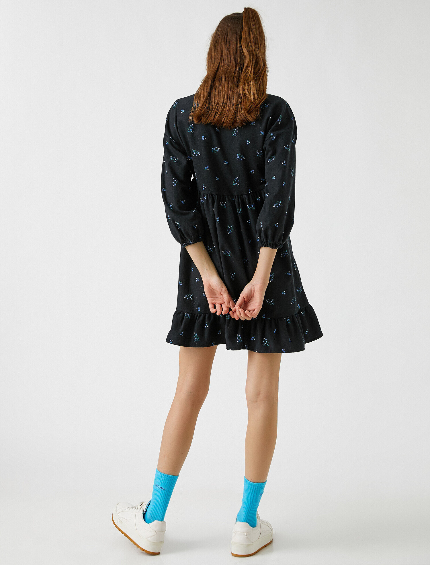   Balon Kollu Çiçekli Fırfırlı Elbise