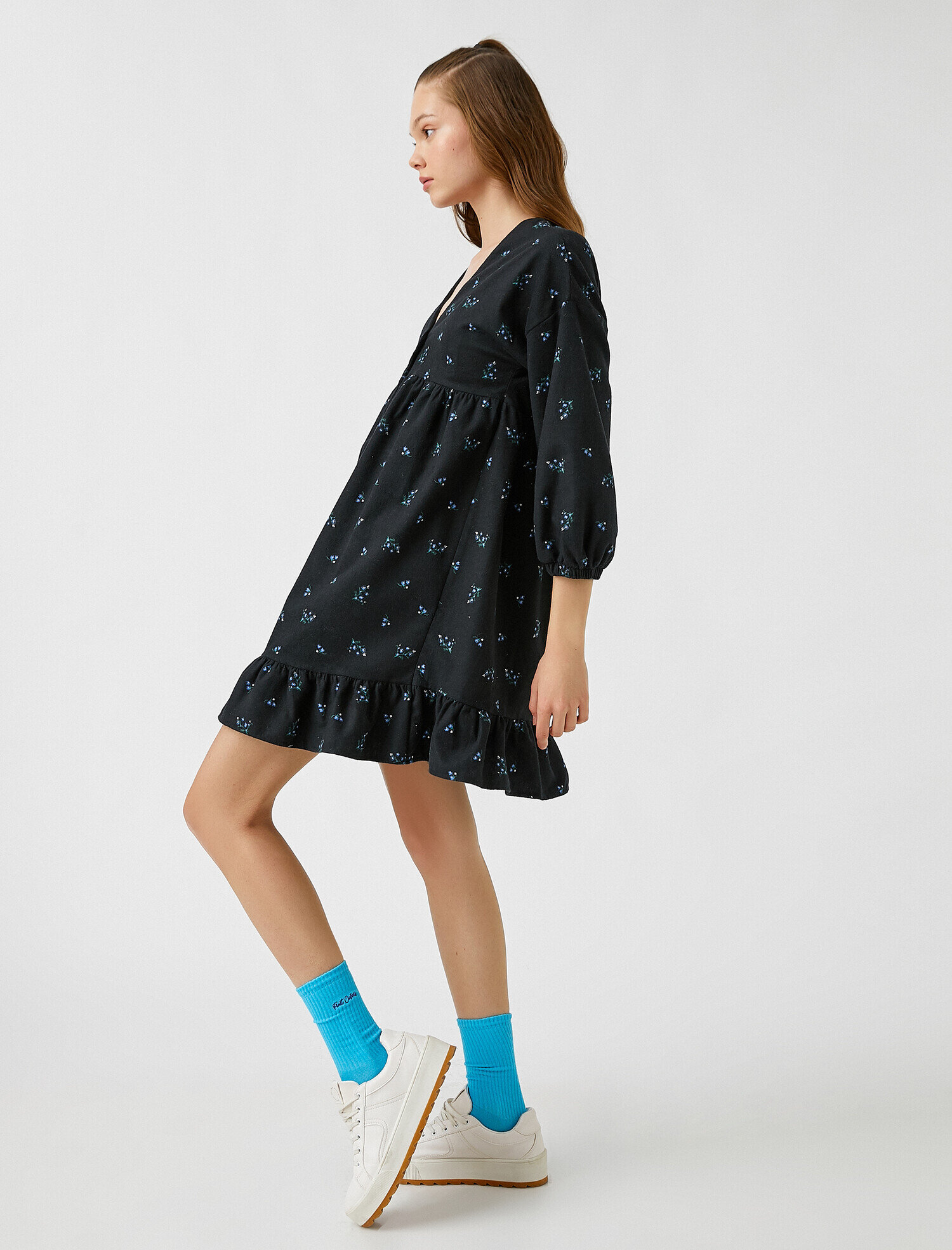   Balon Kollu Çiçekli Fırfırlı Elbise