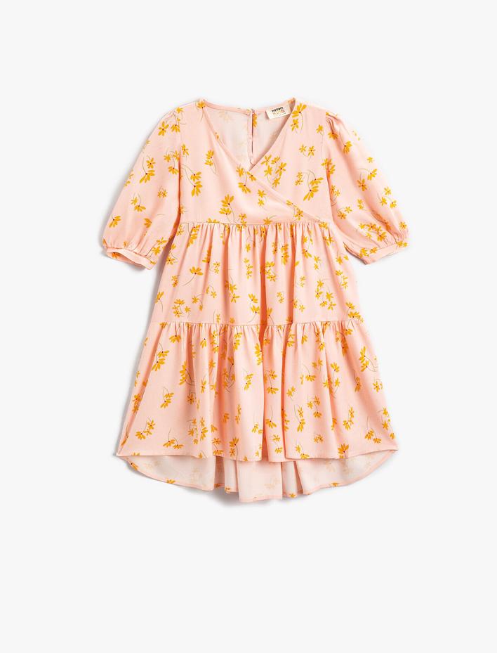 Kız Çocuk Çiçekli Kruvaze Yaka Yarım Kollu Elbise Fırfırlı