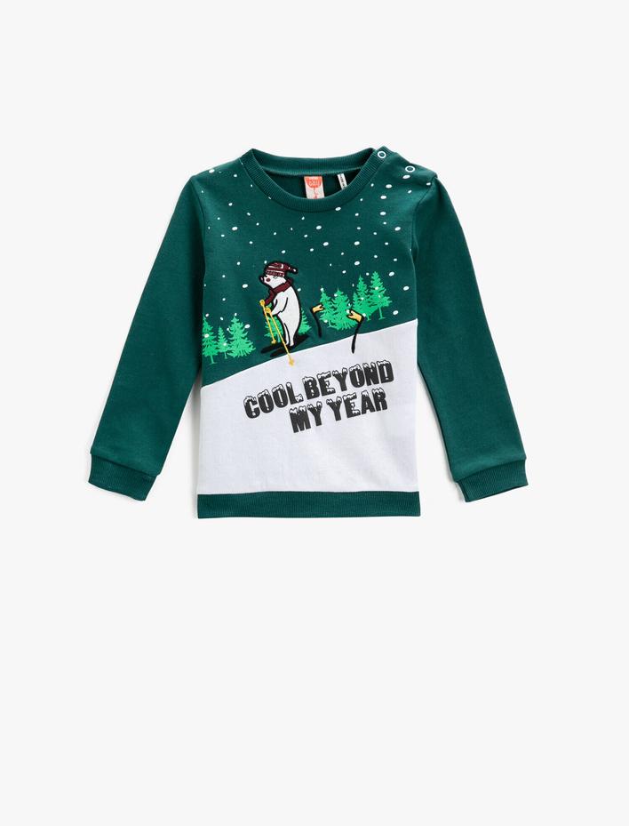 Erkek Bebek Baskılı Bisiklet Yaka Sweatshirt Pamuklu