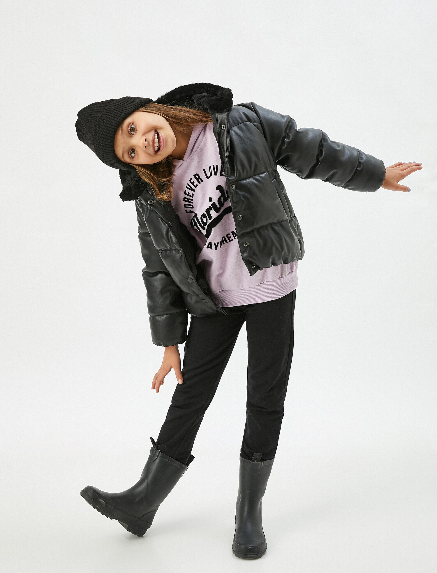  Kız Çocuk Suni Kürk Kapüşonlu Şişme Mont