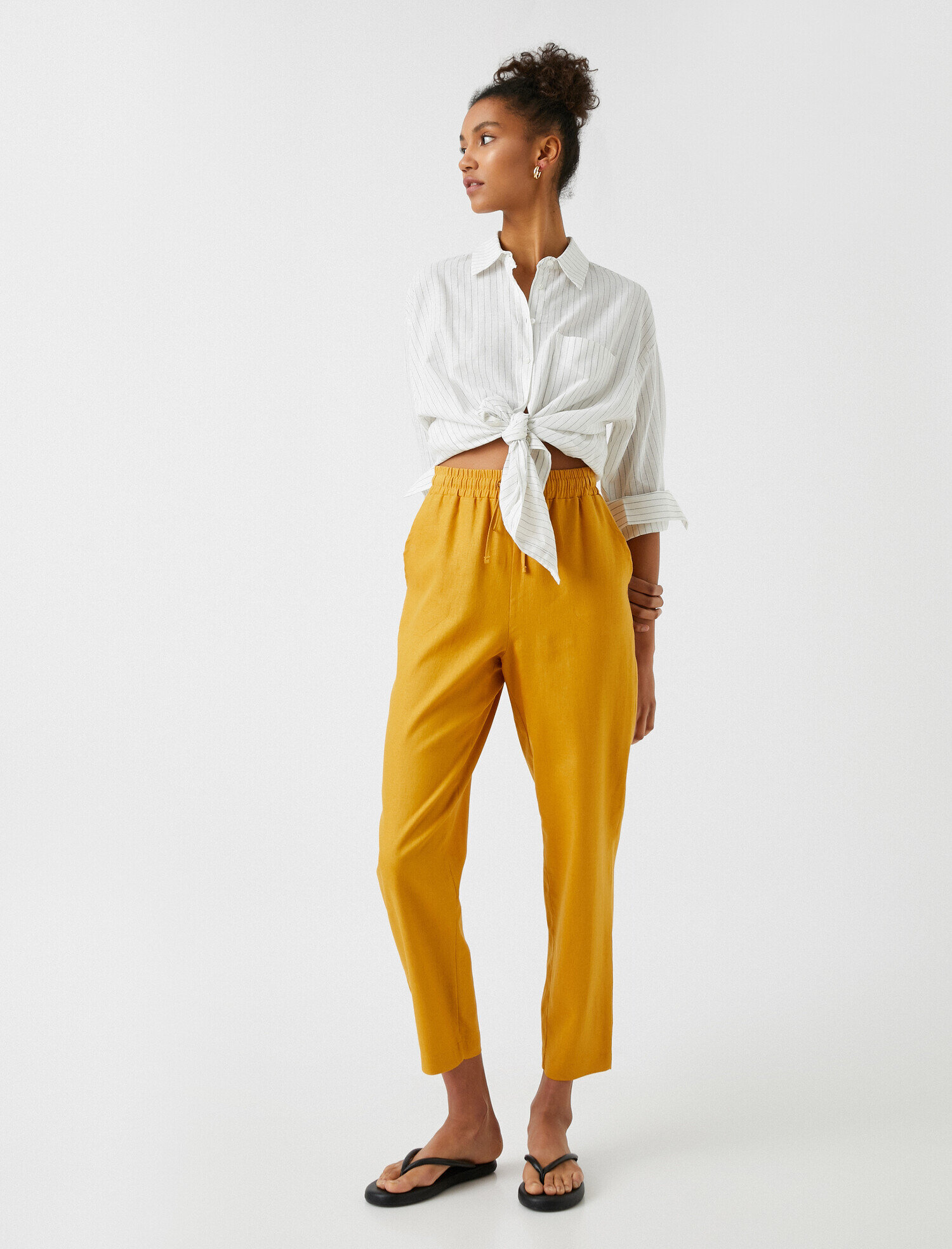   Beli Lastikli Havuç Keten Pantolon