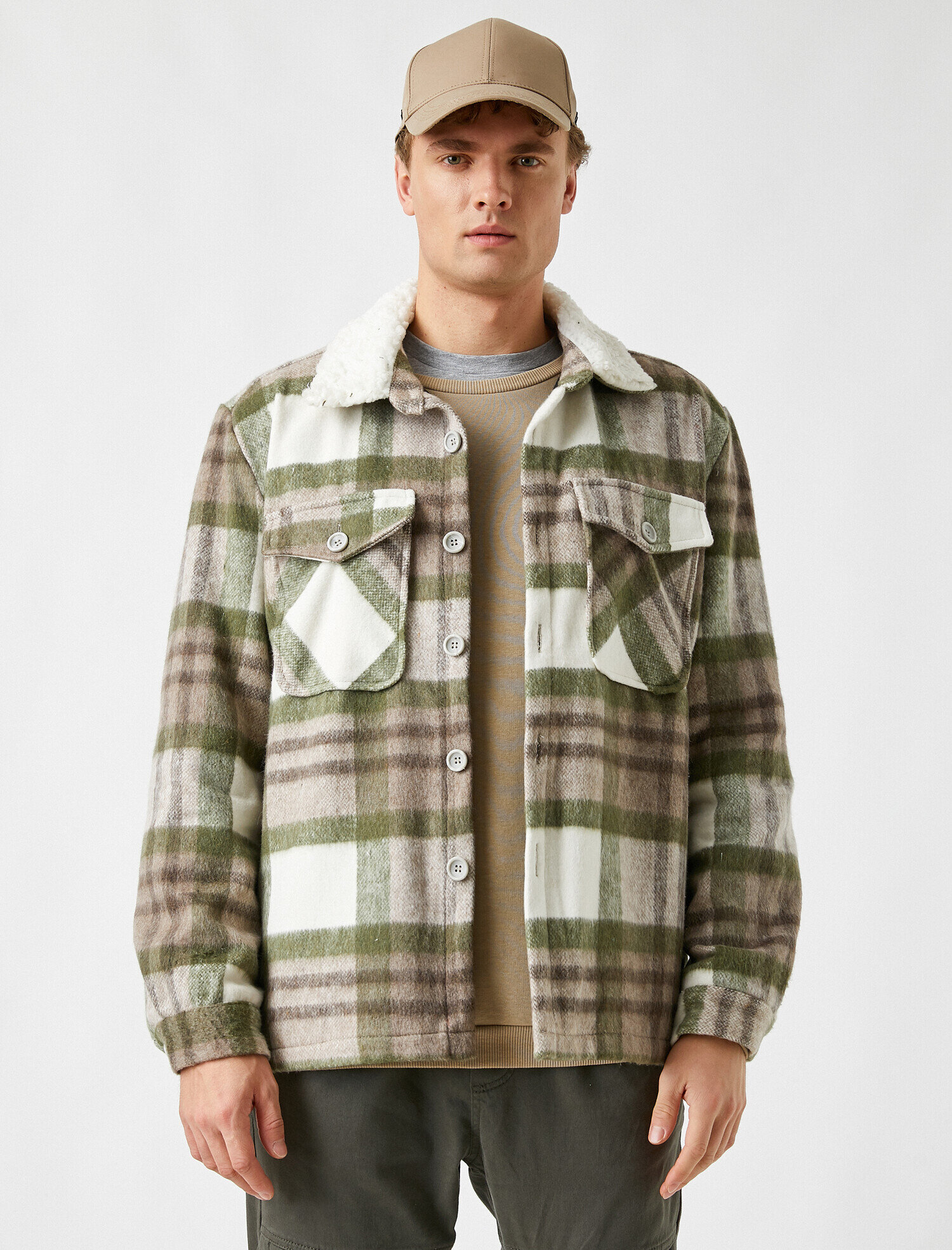   Suni Kürk Yakalı Ekose Mont