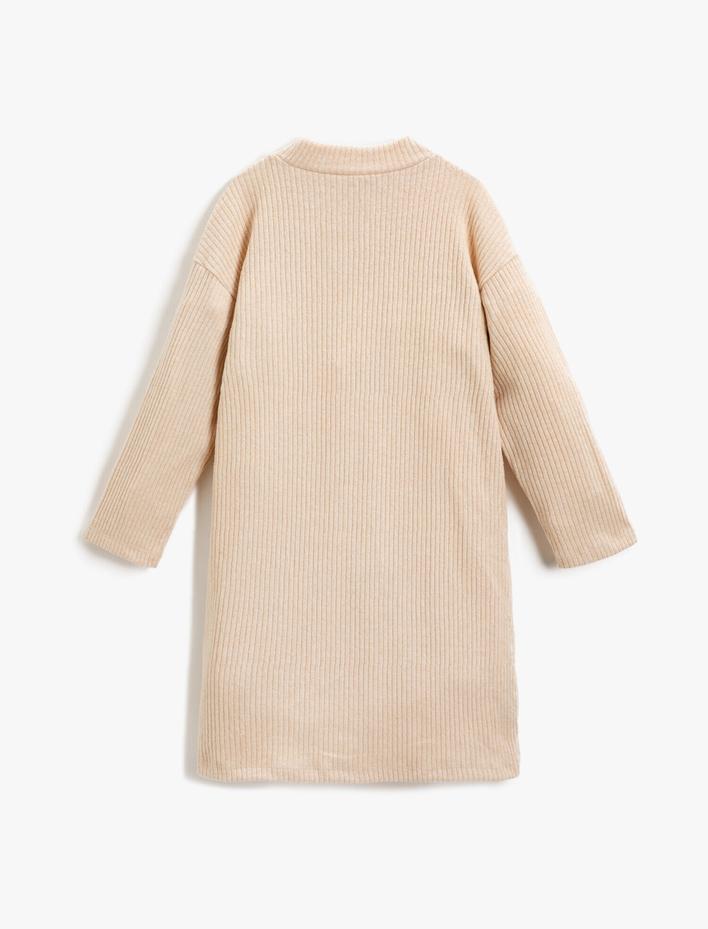 Kız Çocuk Triko Görünümlü Baskılı Elbise Yarım Balıkçı Yaka