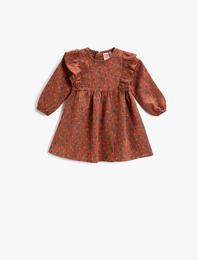 Çiçek Desenli Fırfırlı Elbise Uzun Kollu