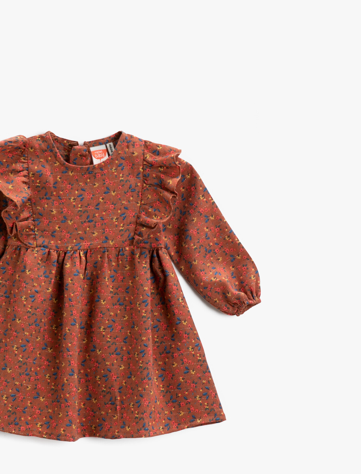  Kız Bebek Çiçek Desenli Fırfırlı Elbise Uzun Kollu