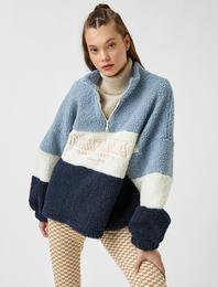 Renk Bloklu Peluş İşlemeli Sweatshirt