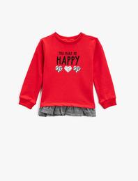 Baskılı Sweatshirt Bisiklet Yaka Fırfır Detaylı