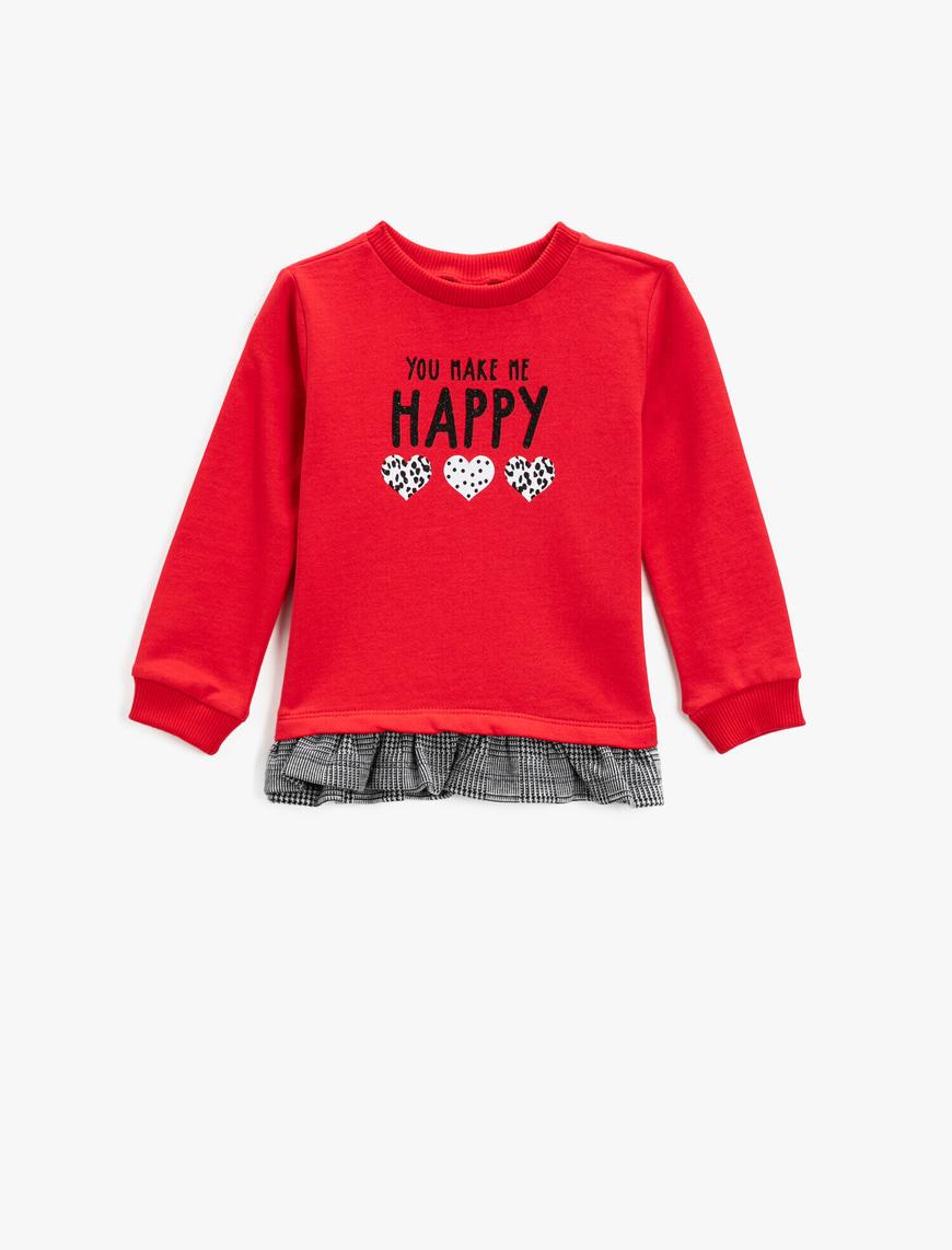  Kız Bebek Baskılı Sweatshirt Bisiklet Yaka Fırfır Detaylı
