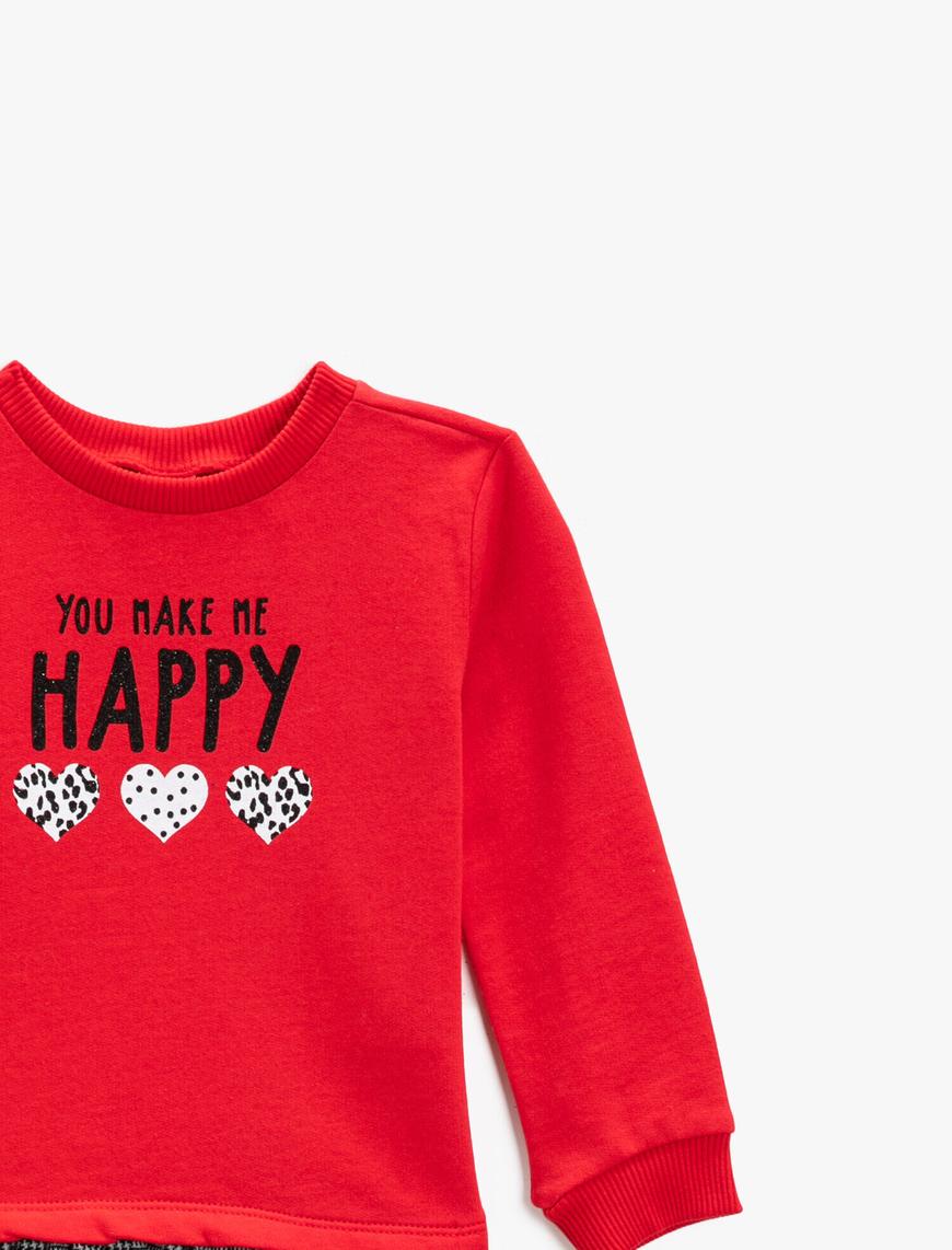  Kız Bebek Baskılı Sweatshirt Bisiklet Yaka Fırfır Detaylı