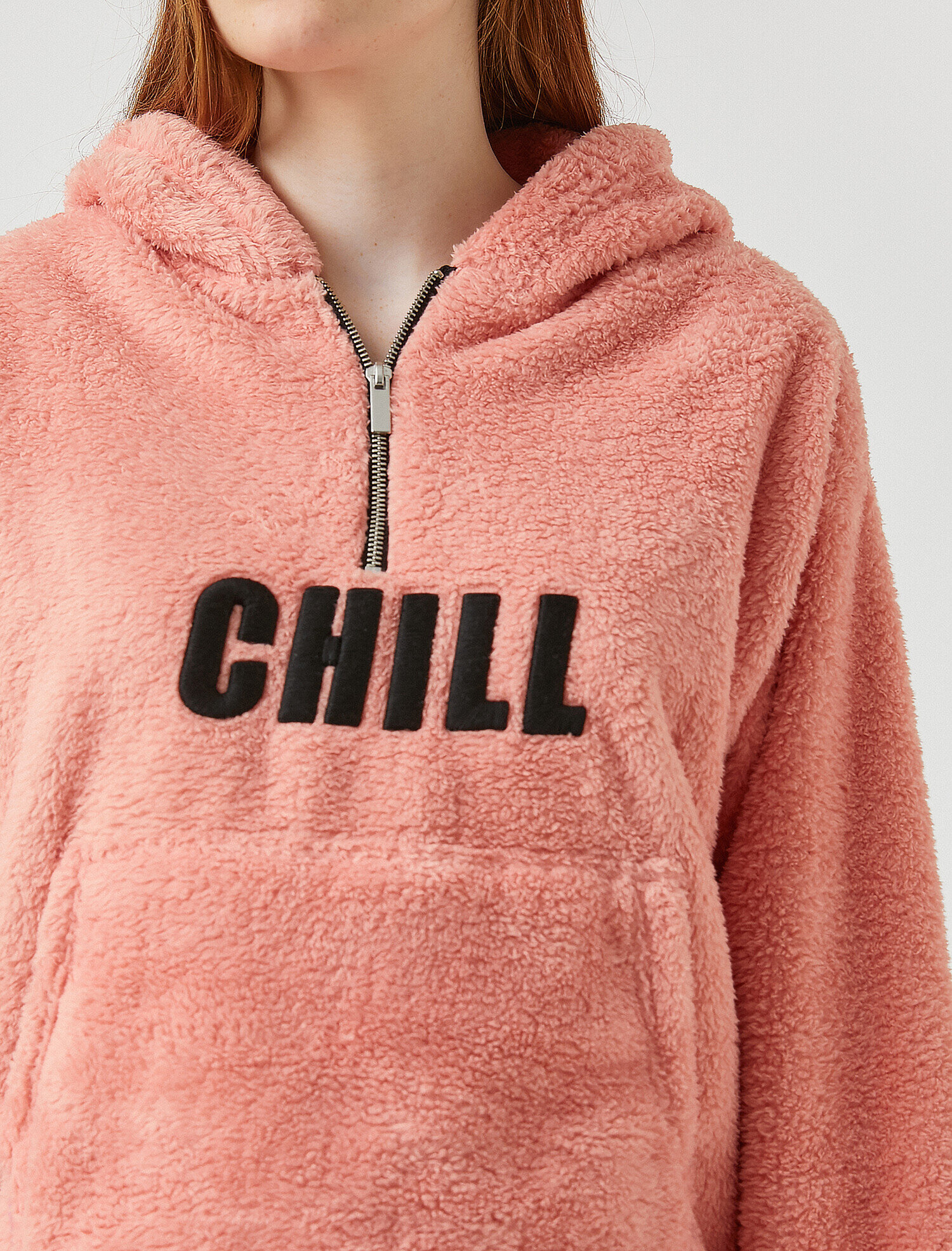 Kapüşonlu Fermuarlı Peluş Sweatshirt