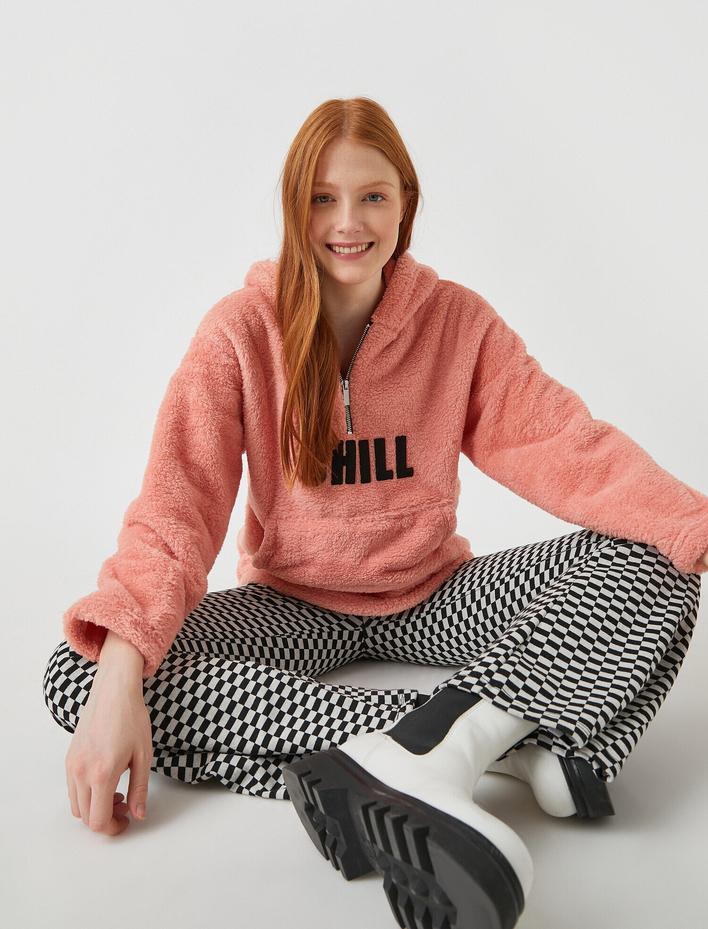  Kapüşonlu Fermuarlı Peluş Sweatshirt